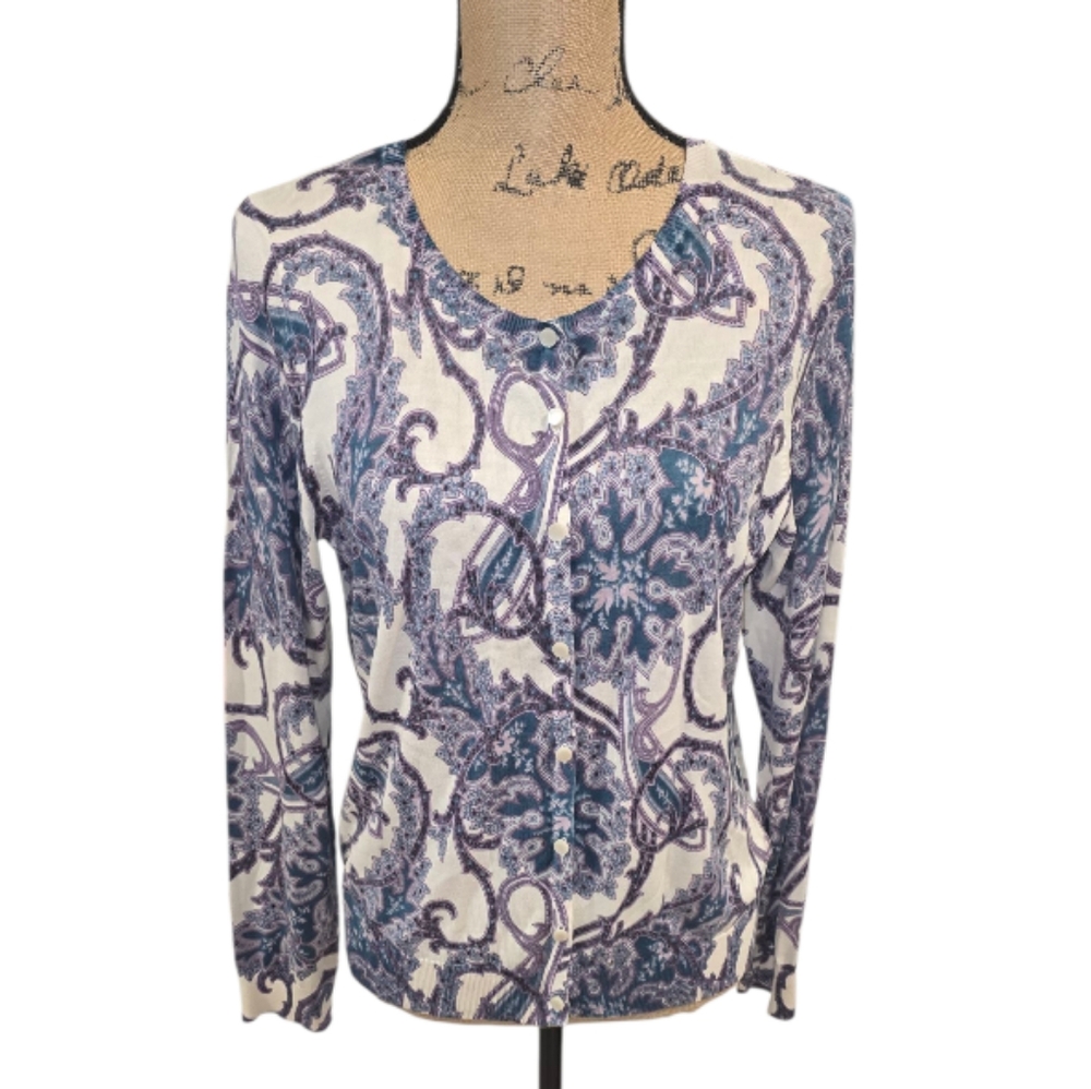 Talbots Purple and Blue Paisley Button‎ Cardigan Sweater Silk Size Large Petite